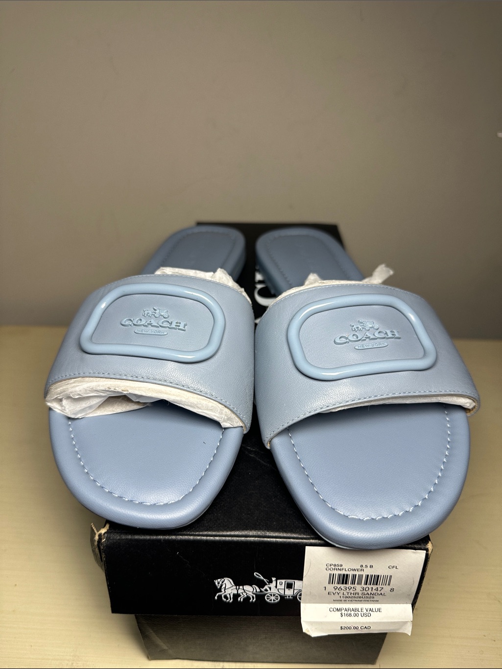 Coach In Box Evy Leather Corn Flower Sky Blue Slide Sandals